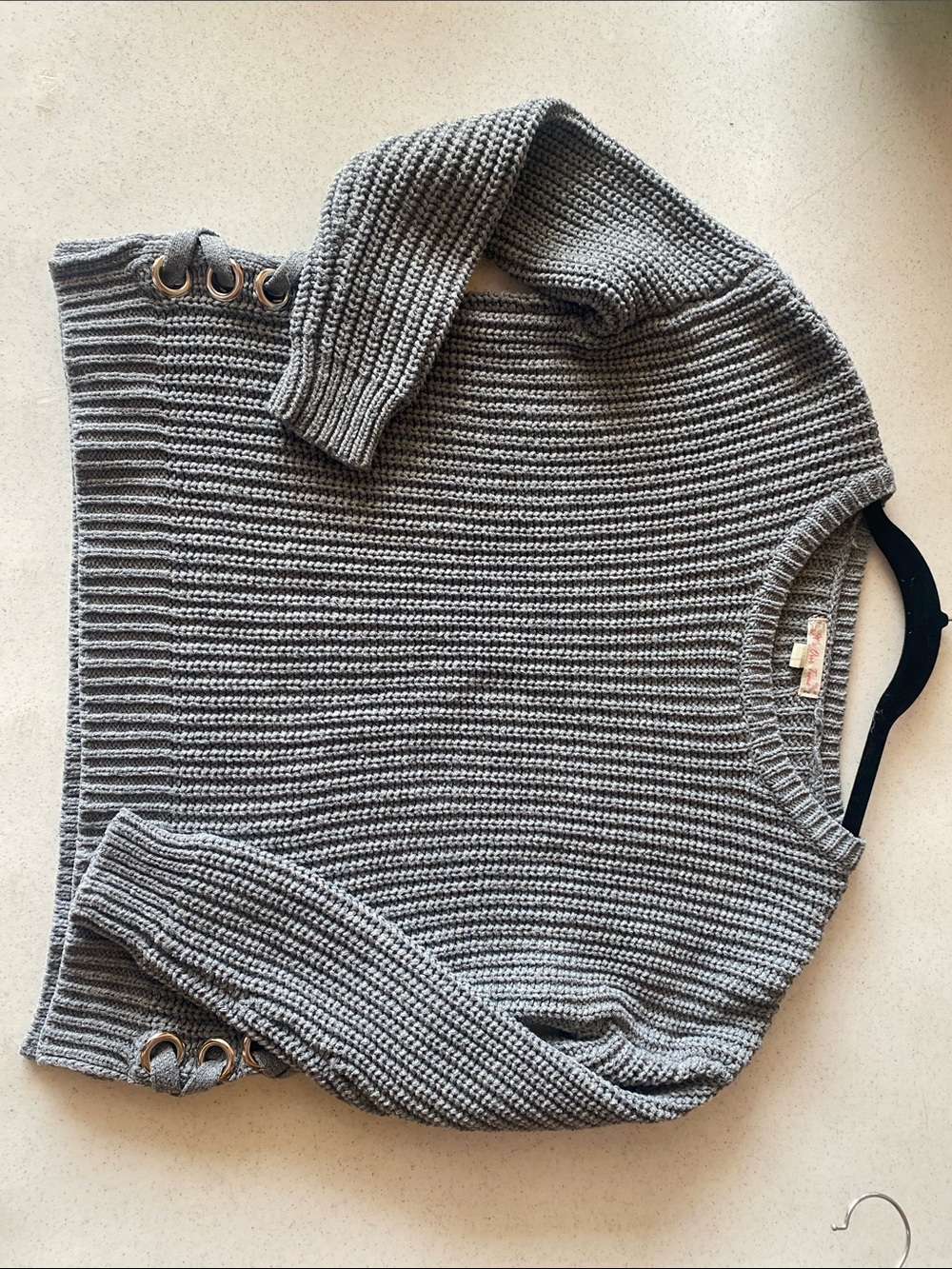 It's Our Time Gray Ribbed Crew Sweater with Grommet Lace-Up Detail